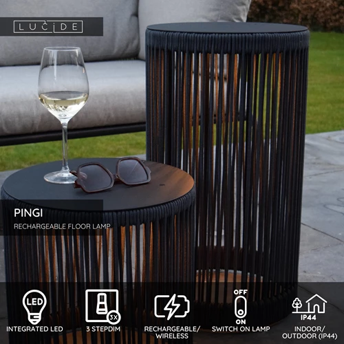 Lucide PINGI - Rechargeable Floor lamp Indoor/Outdoor - Battery pack - Ø 33,5 cm- LED 3 StepDim - 1x3W 3000K - IP44 - Black - USP